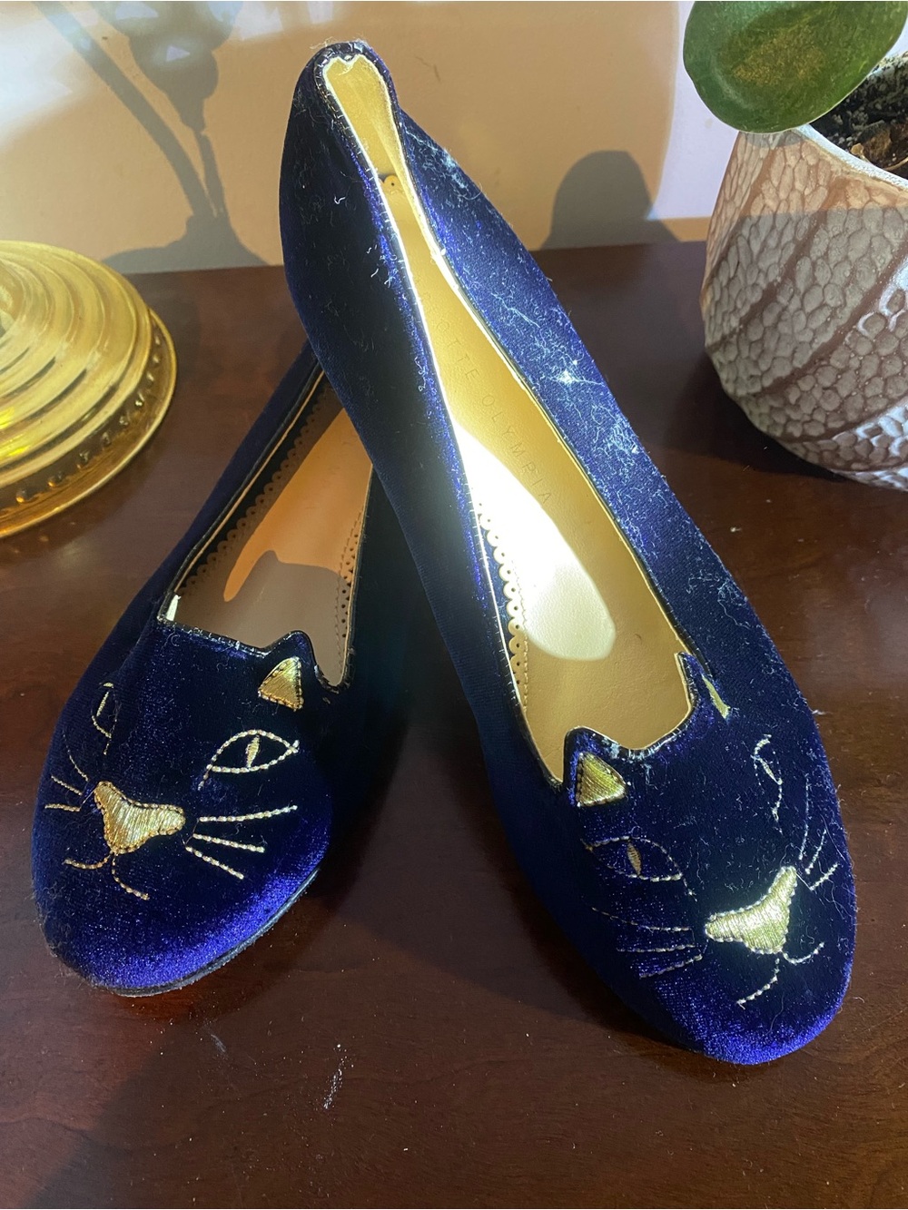 Charlotte Olympia Navy Velvet Cat Face Flats with Gold Embroidery